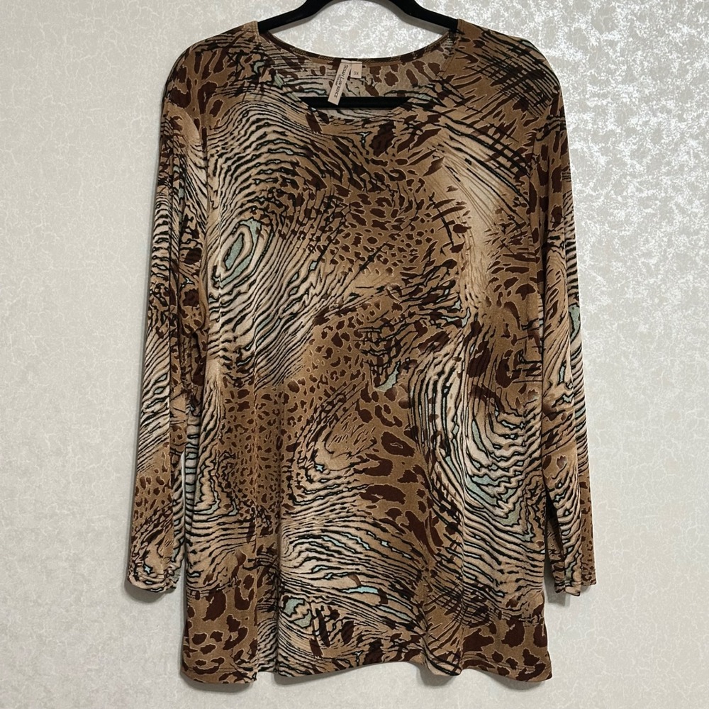 Susan Lawrence Mixed Animal Print Tunic Top Long Sleeve Brown Tan Black Boho 3X